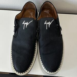 Giuseppe Zanotti Ron Costner Sneaker Black Leather Emboss Cream Side Zip 43 / 10